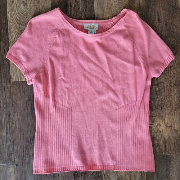 Talbots Womens L Short Sleeve Pink Orange Salmon Ribbed Sweater Shirt Summer Top - Picture 9 of 12
